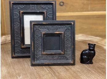 Carved Hardwood Cat And Two Distressed Picture Frames