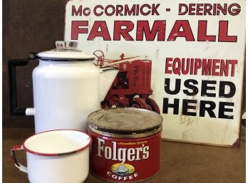 Vintage Enamel Percolator, Enamel Mug, Antique Folgers Tin & Metal Sign Lot