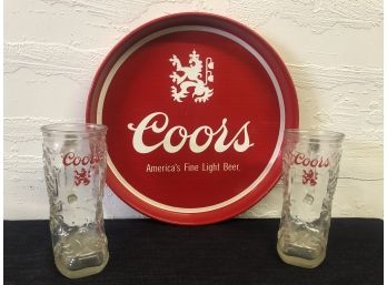 Coors Tin Tray  Approximately 11.5 Inches And Two Boot Shaped Coors Beer Mugs