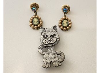 Cameo Earrings And Cute Kitty Pin