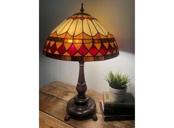 Tiffany Style Two Light Table Lamp Stained Glass With Dark Bronze Base 25 X 13approximately