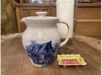 Hurricane Candle Lantern, Storie And Son Pitcher And Small Ceramic Tray