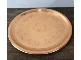 Quaint Copper Colored Platter With Etched Flowers.