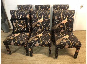 Set Of Six Upholstered Dining Chairs With A Pleasant Peacock Print Fabric