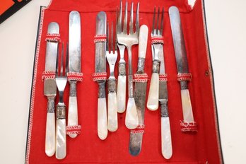 BEAUTIFUL ANTIQUE FLATWARE WITH STERLING SILVER BANDS