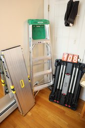 LOT 108 - LADDERS AND FOLDING WORK BENCH (IN BATHROOM)