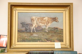 LOT 121 - OIL ON CANVAS OF COWS AND VERY NICE FRAME! SIGNED  -