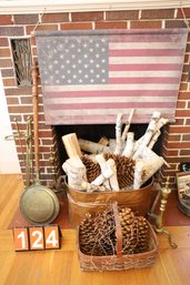 LOT 124 - FIREPLACE RELATED AND FLAG - ALL ITEMS INCLUDING WOOD