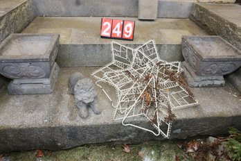 LOT 249 - STONE LION AND PLANTERS (HEAVY) AND STARS - ON FRONT STEPS FACING ROAD