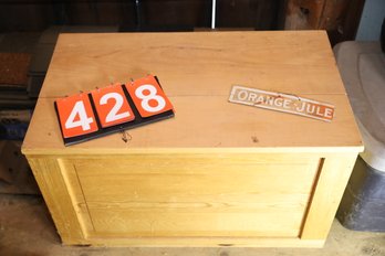 LOT 428 - WOODEN CRATE AND ORANGE JULE SIGN    - ABOVE BARN