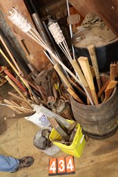 LOT 434 - THIS IS A GREAT LOT! ALL ITEMS IN BARRELS AND THE BARRELS - ANTIQUES - COLLECTIBLES! - ABOVE BARN