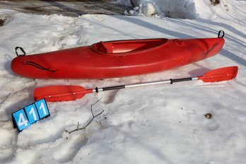 LOT 411 - RED KAYAK AND PADDLE (ABOUT 8.5' LONG)