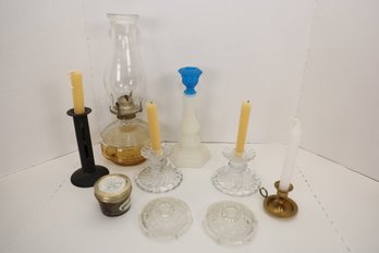 LOT 1 - CANDLE STICKS AND OIL LAMP