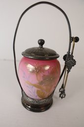 LOT 108 - BEAUTIFUL HANDPAINTED SALT CONTAINER WITH TONGS