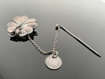 LOT 102 - ANTIQUE STERLING BROOCH / PIN WITH 1839 COLONIAL COIN! 4 LEAF CLOVER AND SPIDER!