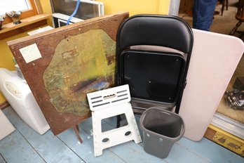 LOT 310 - CHAIR  TABLES STOOL . TRASH CAN