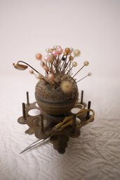 LOT 23 - ANTIQUE PIN CUSHION AND PINS / SCISSORS AND MORE