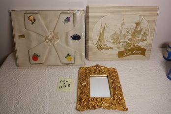LOT 55 - VINTAGE MIRROR AND VINTAGE LINEN IN BOX!