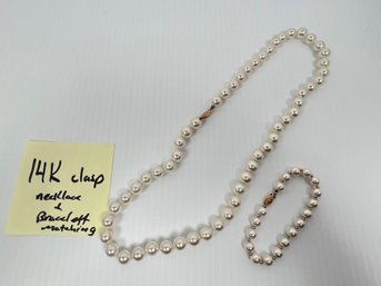 LOT 236 -  PEARL NECKLACE AND BRACELET - WITH 14K GOLD CLASP'S
