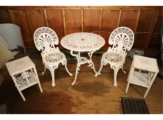 VINTAGE METAL WHITE OUTDOOR TABLE - CHAIRS -AND 2 WICKER STANDS