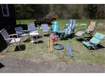 LARGE LOT OF OUTDOOR CHAIRS - TEKI TORCHES AND MORE LOT