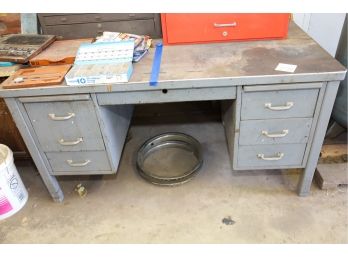 VINTAGE METAL DESK, NEAR GARAGE DOOR FOR EASY REMOVAL - ALL ITEMS IN IT BUT NOT ON IT!