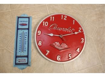 VINTAGE CHEVROLET SALES SERVICE THERMOMETER AND CENTRAL CASTING CHEVY CLOCK
