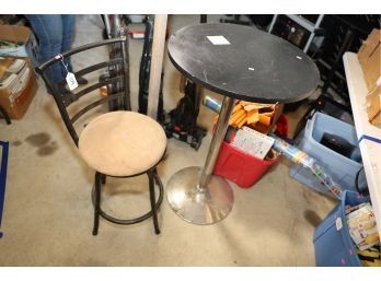 ROUND HIGH TOP TABLE AND STOOL MARKED 109