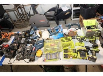 BIG LOT OF RYOBI TOOLS AS SHOWN - ALL ITEMS WITHIN THE BLUE LINES