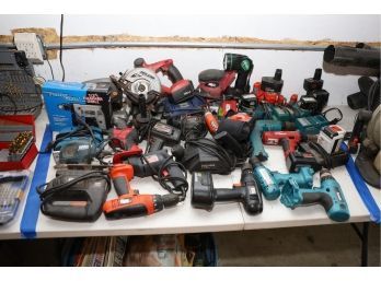 BIG LOT OF DRILLS AND ITEMS SHOWN INSIDE OF BLUE TAPE