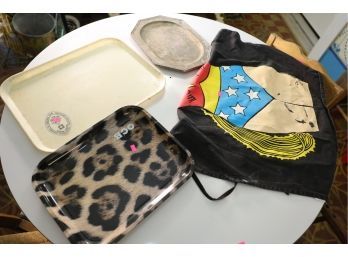 VINTAGE TRAYS AND SUPERWOMEN APRON MARKED 219