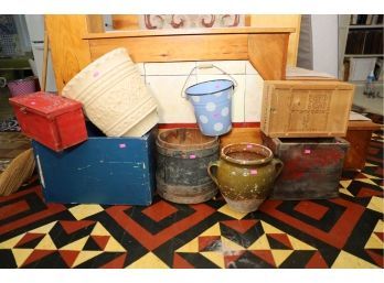 PRIMITIVE BUCKS / BOXES / POTTERY  CRATES ITEMS SHOWN MARKED 46