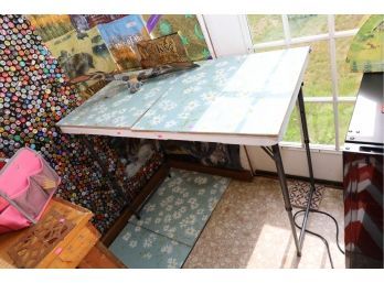 FOLDING TABLE, WITH PAINTED FLOWER TOPPERS AND LARGE UNIQUE BUG! MARKED 86