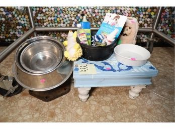 DOG BOWLS / SUPPLIES / BENCH  TOYS MARKED 81