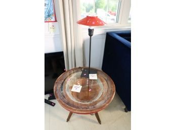 MID CENTURY ROUND SIDE TABLE AND VINTAGE LAMP - MARKED 3