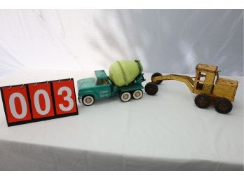 2 VINTAGE METAL TOY TRUCKS -CEMENT AND GRADER