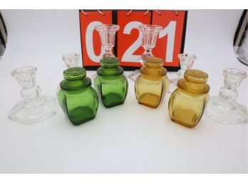 LITTLE GLASS VINTAGE BOTTLES AND CANDLE HOLDERS MARKED 21