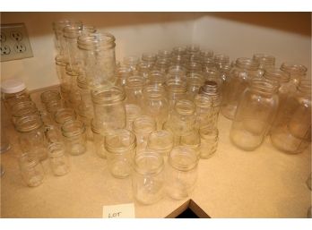 Huge Lot Of Mason Jars And Clear Glass Lot (left Side Counter) Only Glass Not Mickeys Or Brass.