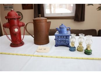 6 Items, Fire Hydrant, Picture, Teapot Tea Candle Decor And 3 Small Oil Lamps (DECOR LOT)