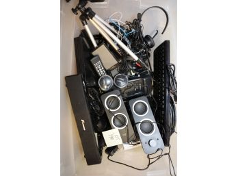 Large Bin Of Electronics (speakers, Headphones, Tripod And So Much More!)