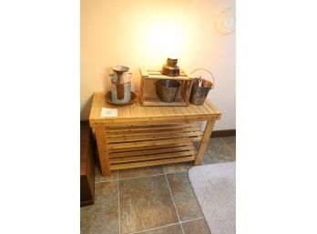 Wooden Shelf, Modern Touch Light, Buckets And Crate Lot