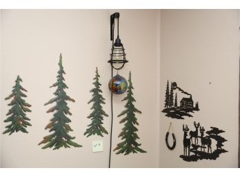 Wall Hanging Art Of Trees, Deer, Cabin, Horseshoe, And LAMP And Glass Ball.