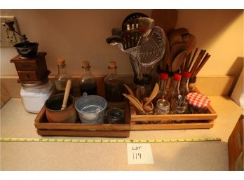 Kitchen Lot From Sifter To 2 Wooden Crates Full As Shown!