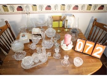LARGE LOT OF GLASS , CRYSTAL AND MORE! MARKED 72 - TABLE NOT INCLUDED