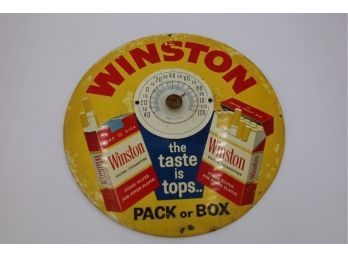 RARE EARLY WINSTON ADVERTISING SIGN WITH BUILT IN THERMOMETER! MARKED 8