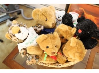 COLLECTION OF BEARS AND PUPPETS WITH BASKET  - MARKED 55