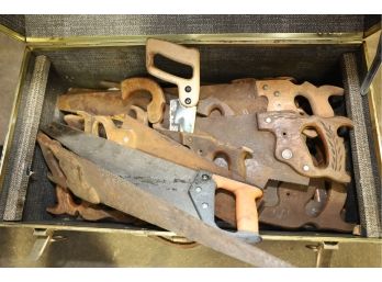 LOT 257 - VINTAGE CRATE WITH OLD SAWS