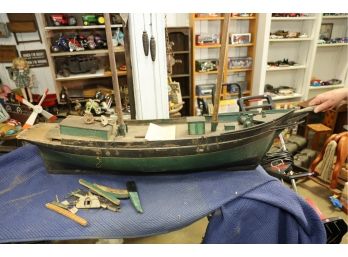 LOT 245 - AMAZING ANTIQUE MASSIVE WOODEN SHIP MODEL FROM 1918? WE FOUND PAPERWORK INSIDE!