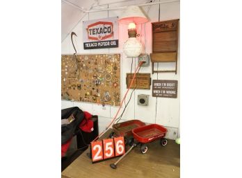 LOT 256 - ITEMS ON WALL AND TWO RED WAGONS - LIGHT INCLUDED!