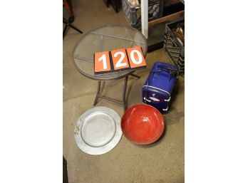 LOT 120 - TABLE AND ITEMS AROUND IT